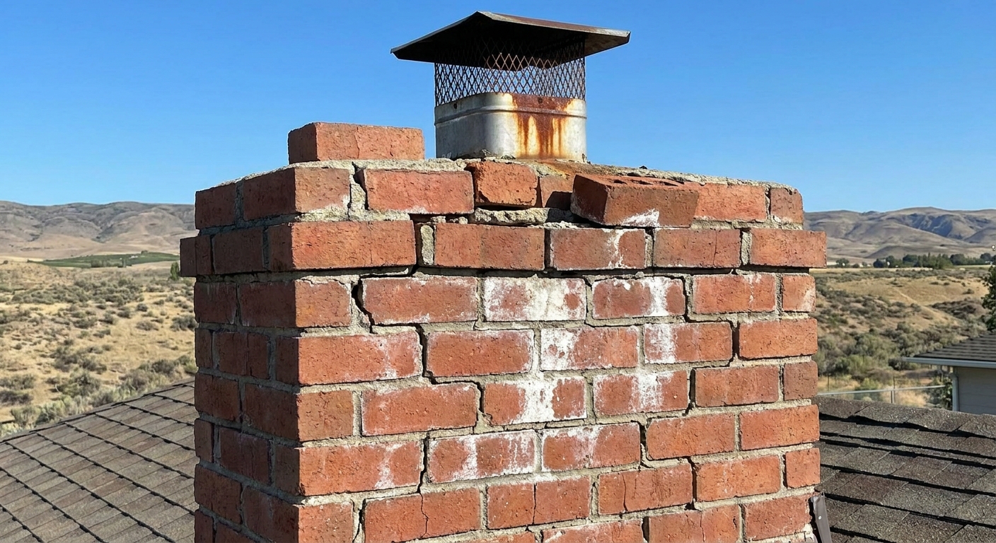 Chimney leak damage signs in Twin Falls homes, including water stains and cracked masonry