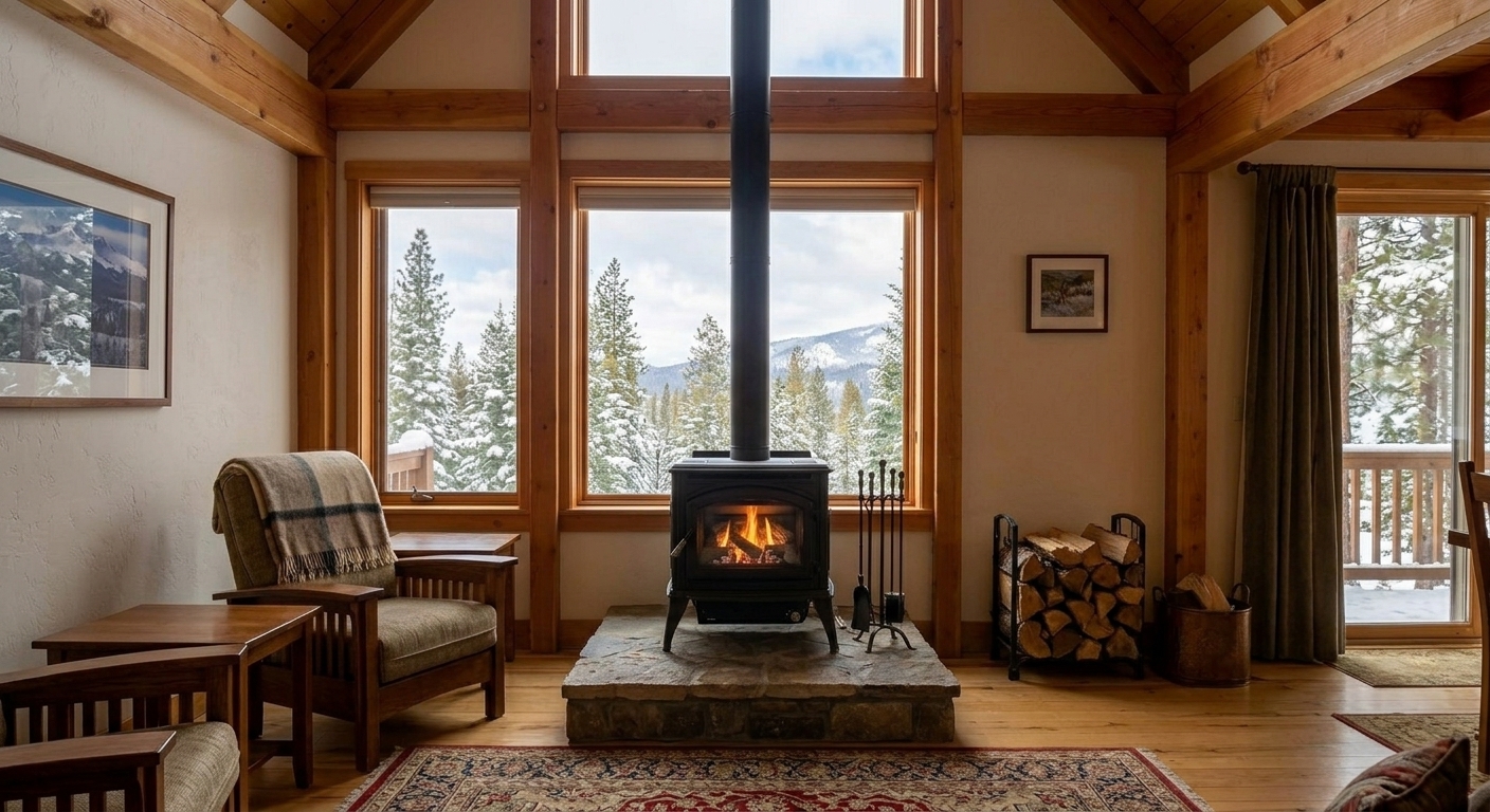 Wood or gas stove installation in McCall Homes, showing a cozy living room with a modern stove and safe venting