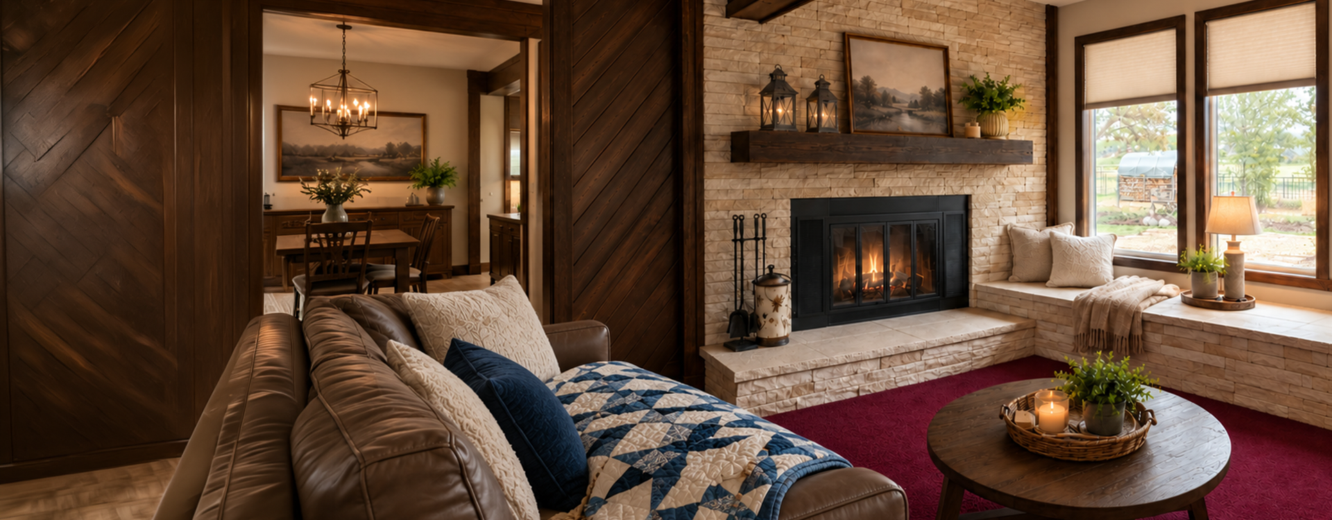 Wood floors and a stone hearth create a cozy space by Safer Chimney LLC for fireplace repair.