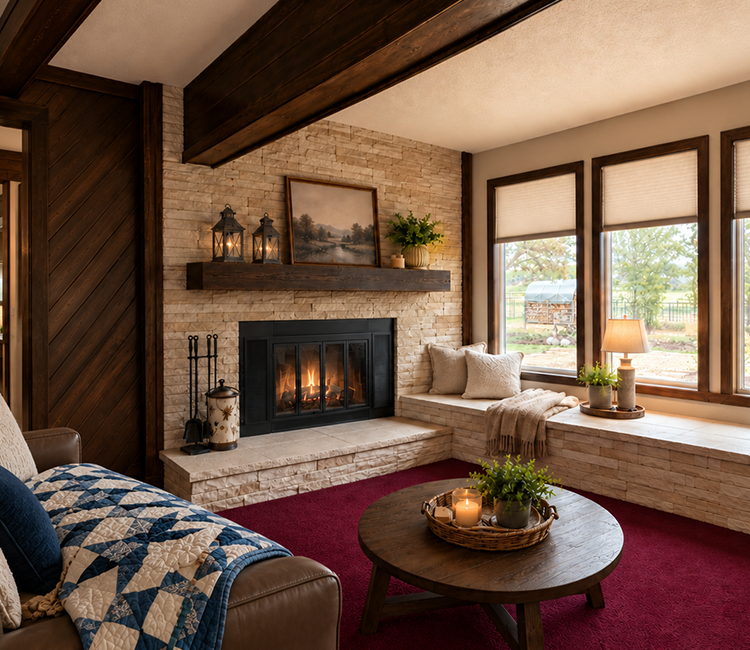 Wood floors and a stone hearth create a cozy space by Safer Chimney LLC for fireplace repair.