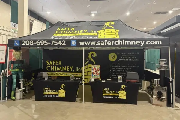The branded event tent represents Safer Chimney LLC and its chimney services in Twin Falls, ID.
