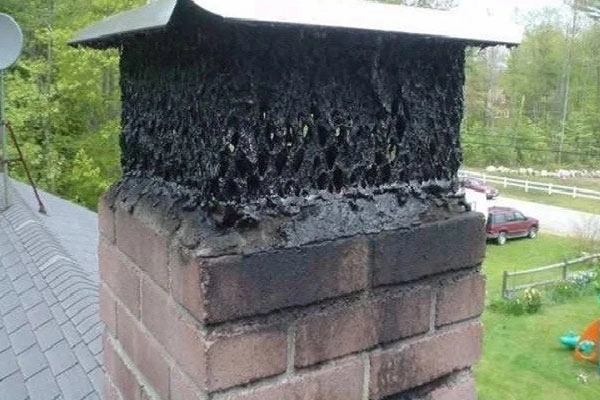 Black smoke rises from the flue before a chimney inspection by Safer Chimney LLC.
